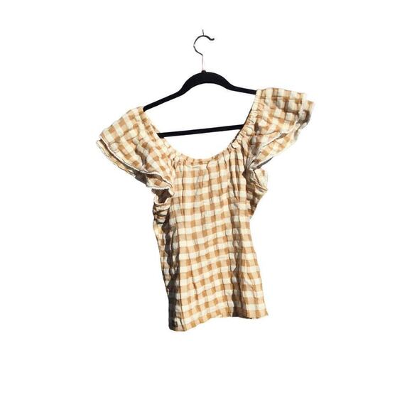 Matilda Jane Womens Peasant Top Size XS Plaid Tan Gingham Fall Preppy Blouse - Picture 9 of 13